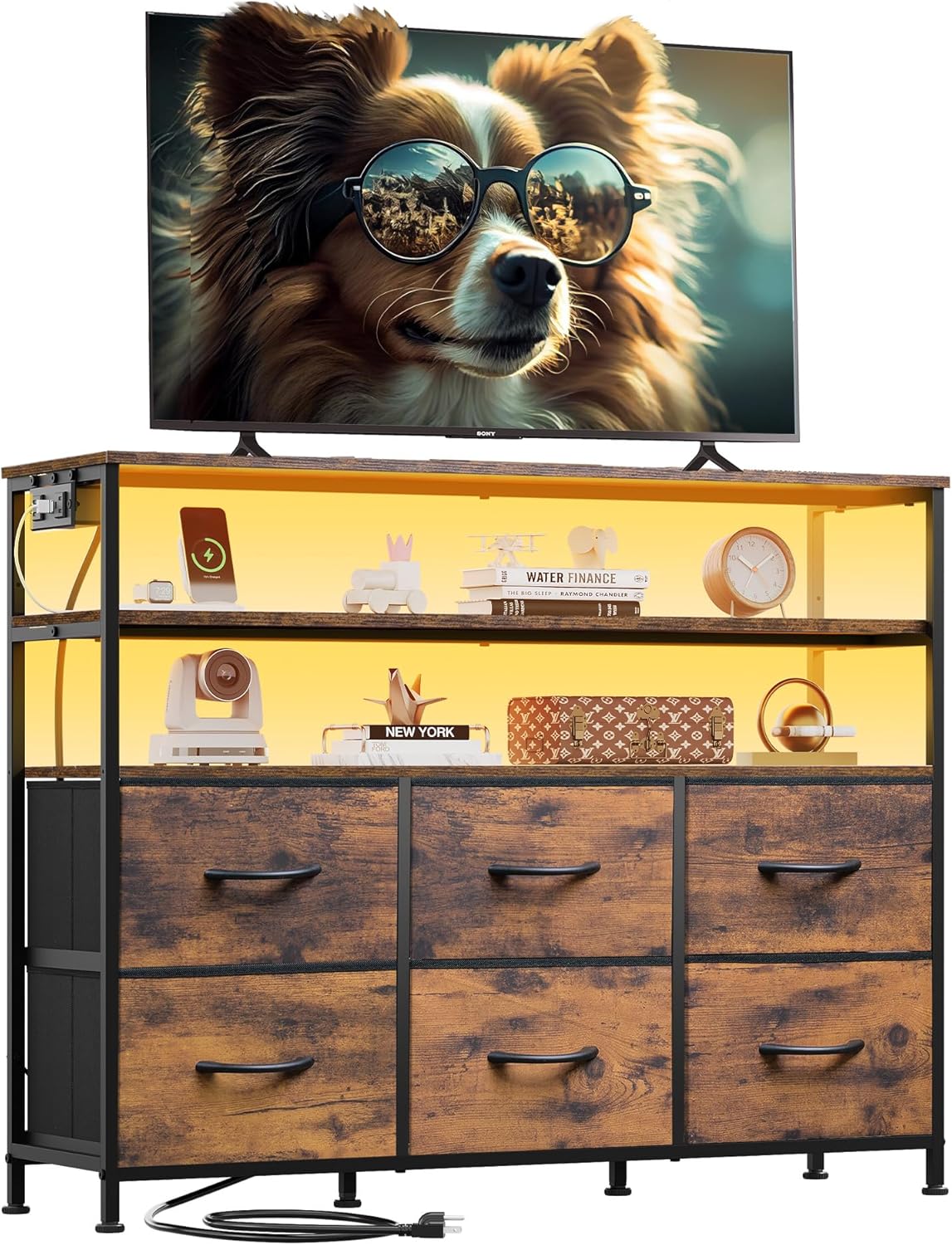 WLIVE Black TV Stand for 40, 45 inch TV, Entertainment Center with LED Lights & Charging Station, TV Media Console Table with 6 Fabric Drawers and Open Shelves for Living Room, Hallway, Wood Top