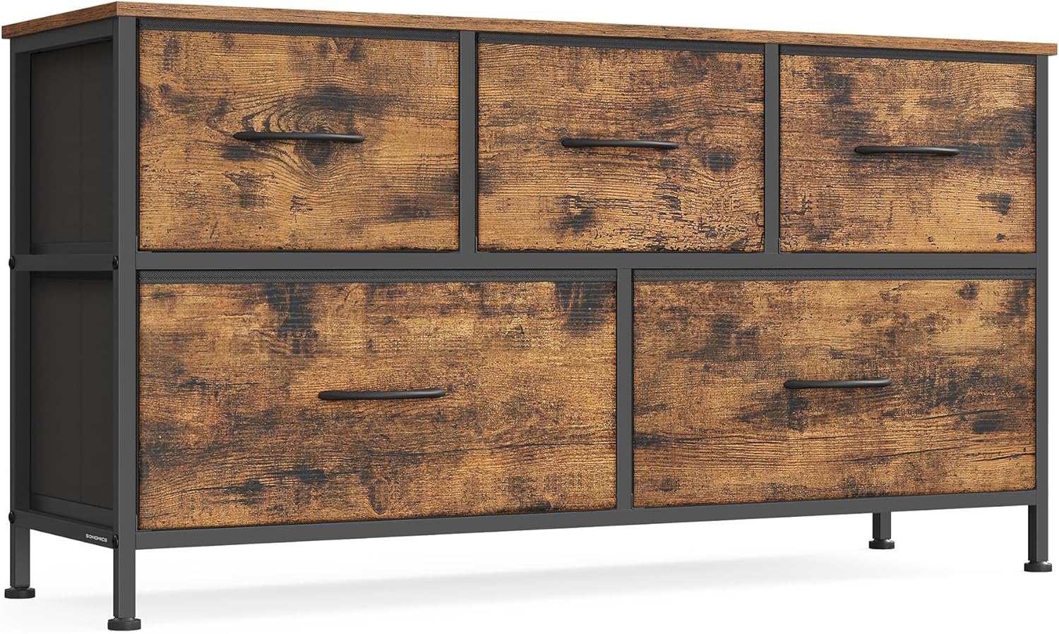 SONGMICS Dresser for Bedroom, Chest of Drawers, TV Stand, Steel, MDF, 7 Non-Woven Fabric Drawers, Storage Organizer Unit, Closet, Entryway, Rustic Brown and Ink Black ULGS323B02S