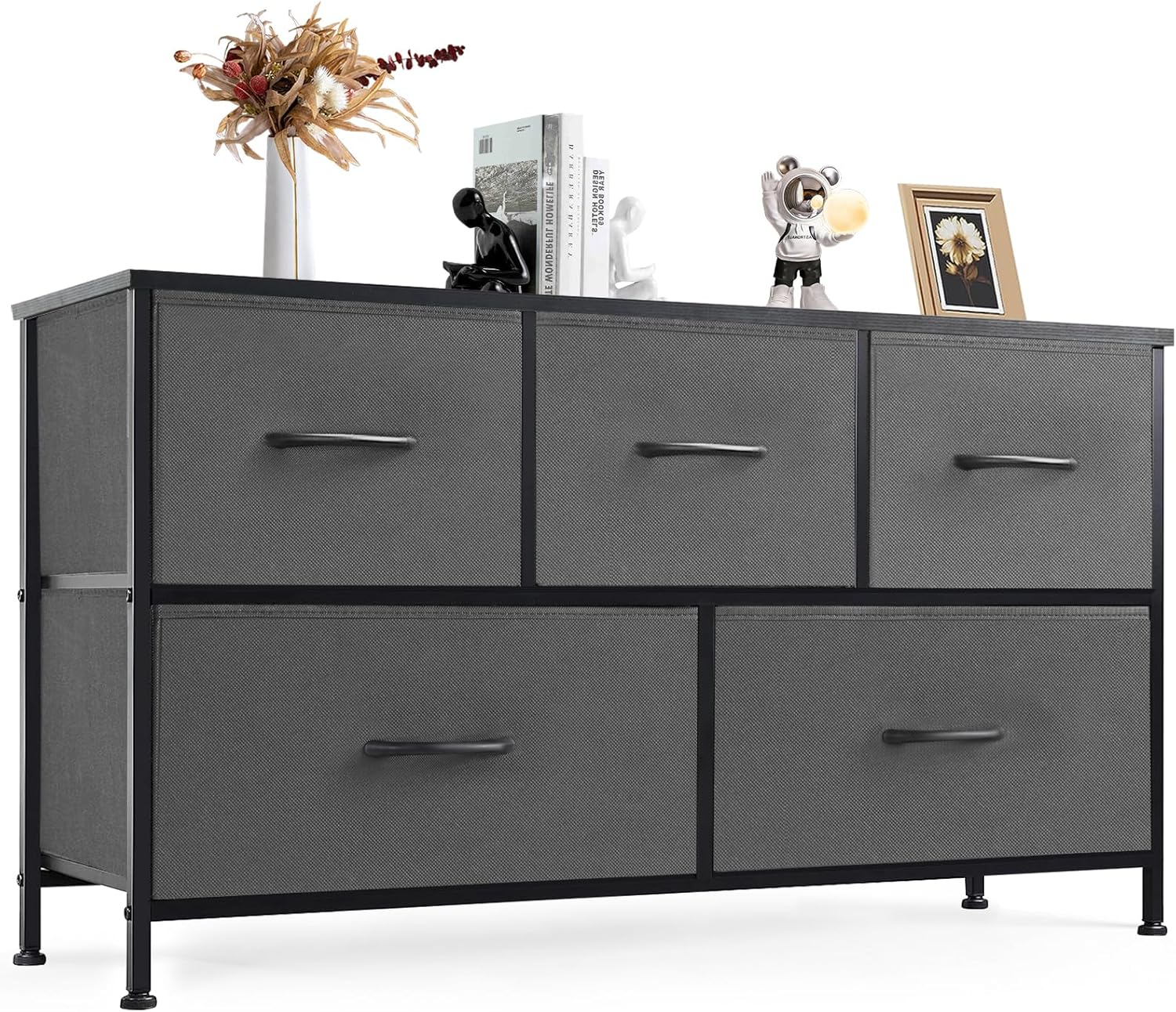 DUMOS Dresser for Bedroom with 7 Drawers, Storage Organizer Units Furniture, Chest Tower TV Stand with Fabric Bins, Metal Frame, Wooden Top for Nursery, Living Room, Bedroom, Closet, Black01