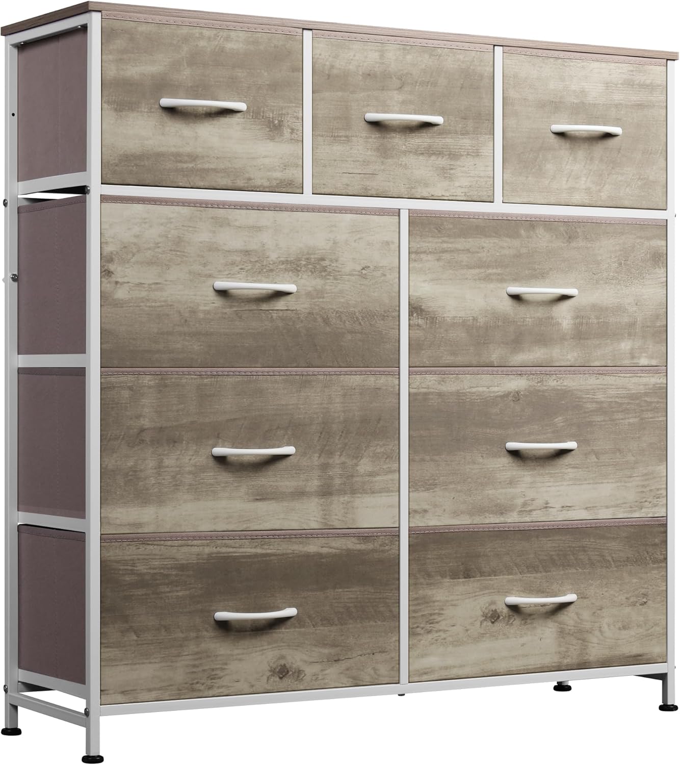 WLIVE 9-Drawer Dresser, Fabric Storage Tower for Bedroom, Hallway, Entryway, Closet, Tall Chest Organizer Unit with Fabric Bins, Steel Frame, Wood Top, Easy Pull Handle, Rustic Brown Wood Grain Print