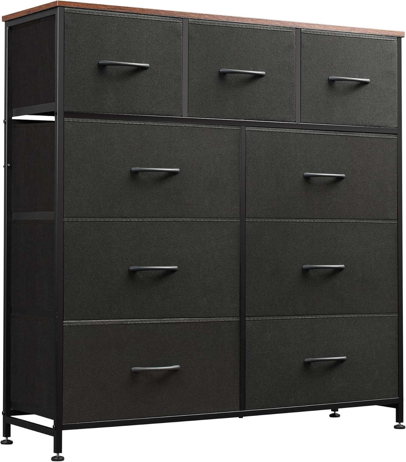 WLIVE 9-Drawer Dresser, Fabric Storage Tower for Bedroom, Hallway, Entryway, Closet, Tall Chest Organizer Unit with Fabric Bins, Steel Frame, Wood Top, Easy Pull Handle, Rustic Brown Wood Grain Print