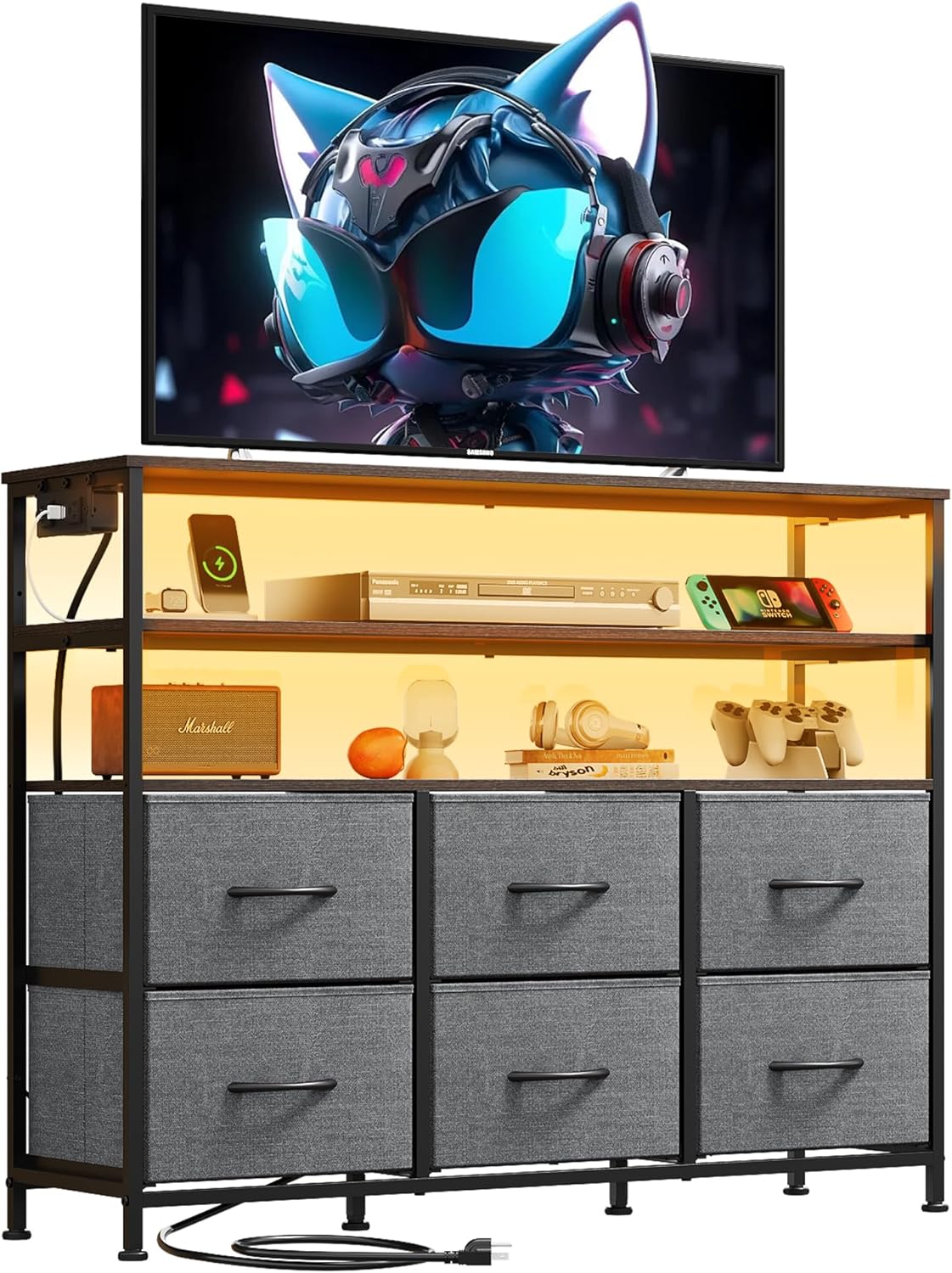 WLIVE Black TV Stand for 40, 45 inch TV, Entertainment Center with LED Lights & Charging Station, TV Media Console Table with 6 Fabric Drawers and Open Shelves for Living Room, Hallway, Wood Top