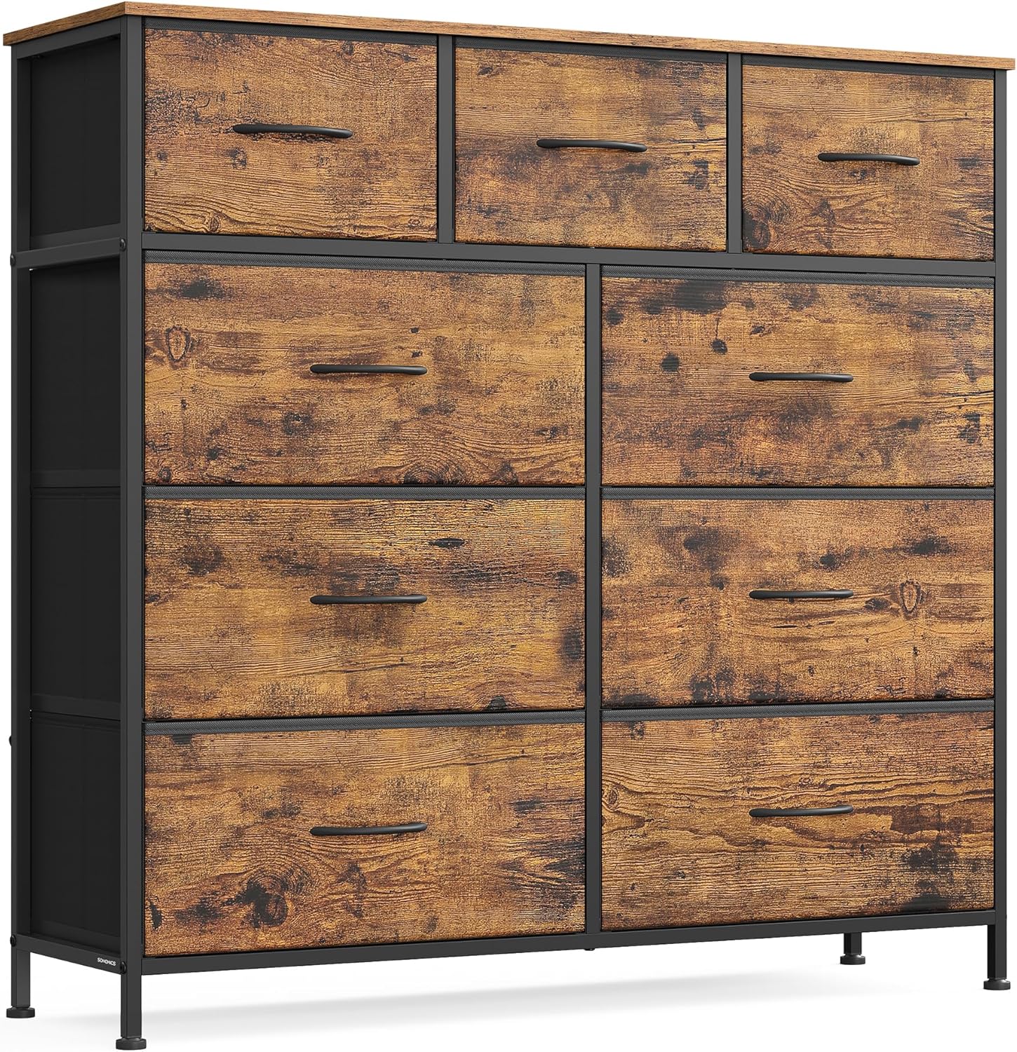 SONGMICS Dresser for Bedroom, Chest of Drawers, TV Stand, Steel, MDF, 7 Non-Woven Fabric Drawers, Storage Organizer Unit, Closet, Entryway, Rustic Brown and Ink Black ULGS323B02S
