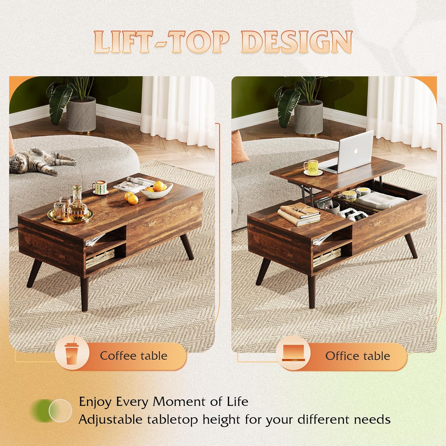 WLIVE Lift Top Coffee Table for Living Room,Small Coffee Table with Storage, Adjustable Shelf and Storage Compartment, Mid Century Modern Living Room Table, Wood, Rustic Brown