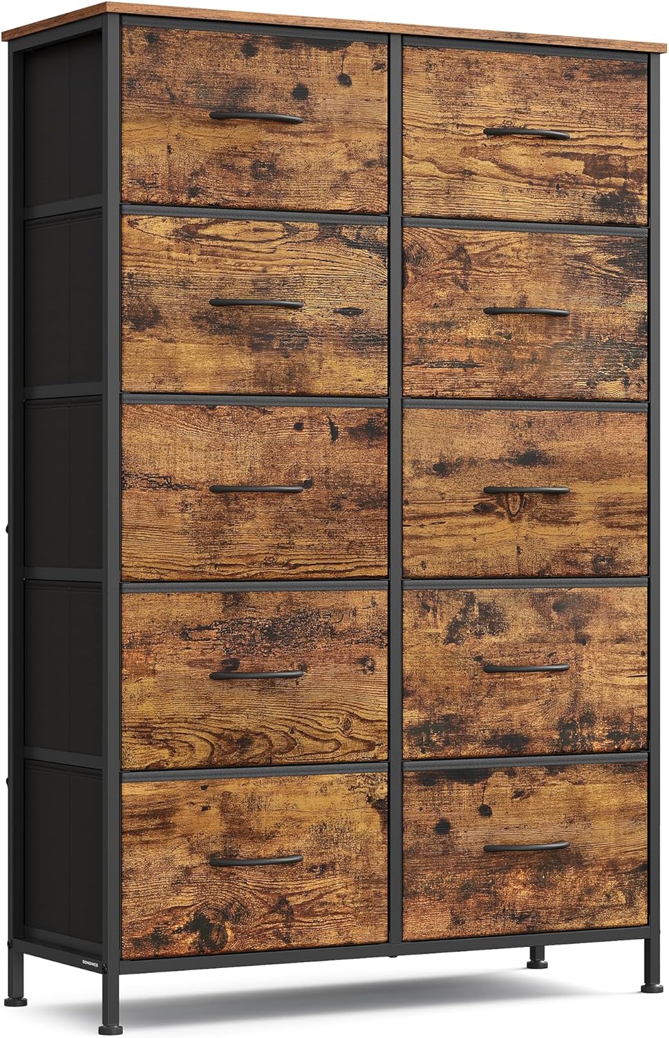 SONGMICS Dresser for Bedroom, Chest of Drawers, TV Stand, Steel, MDF, 7 Non-Woven Fabric Drawers, Storage Organizer Unit, Closet, Entryway, Rustic Brown and Ink Black ULGS323B02S