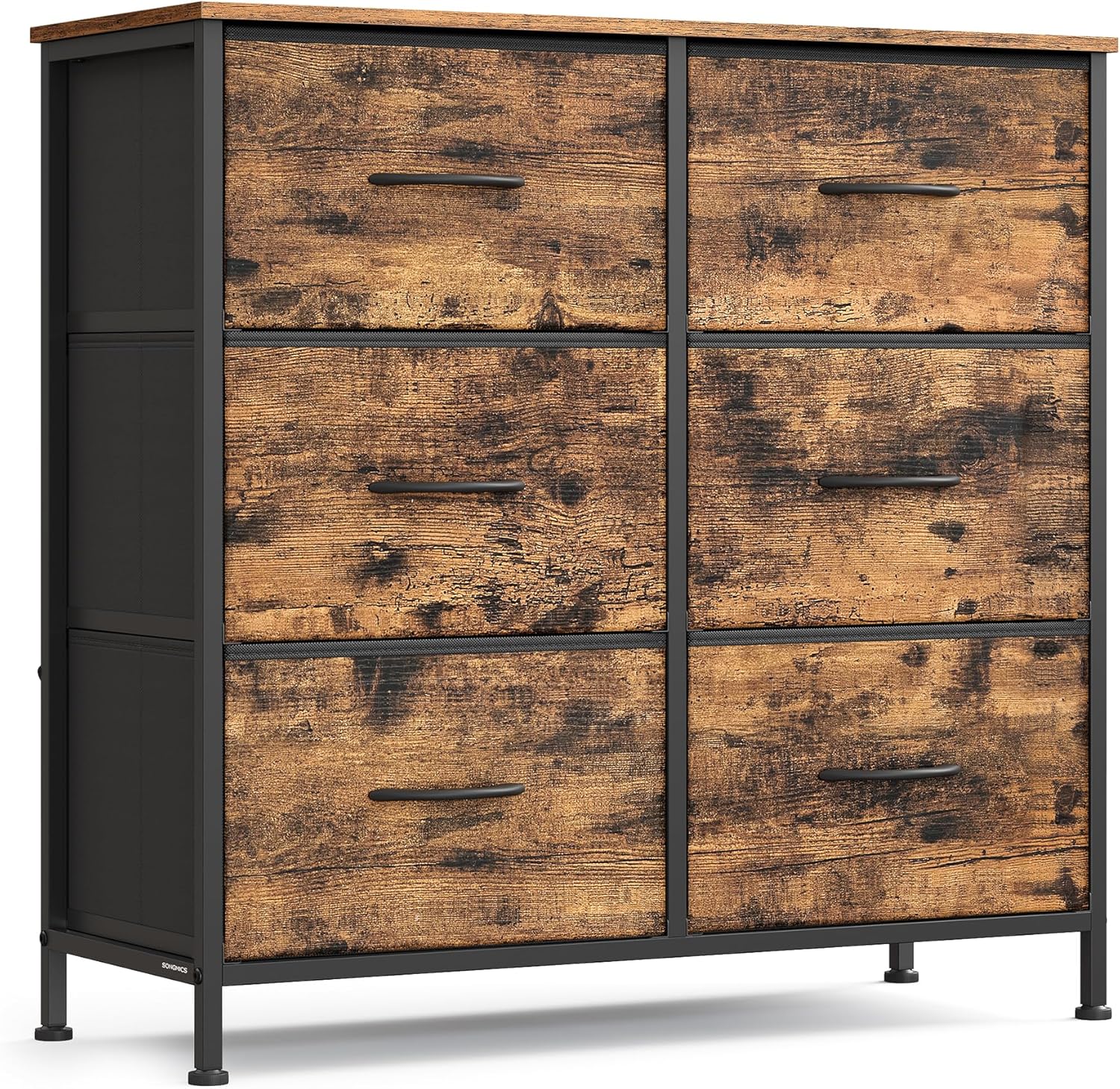 SONGMICS Dresser for Bedroom, Chest of Drawers, TV Stand, Steel, MDF, 7 Non-Woven Fabric Drawers, Storage Organizer Unit, Closet, Entryway, Rustic Brown and Ink Black ULGS323B02S