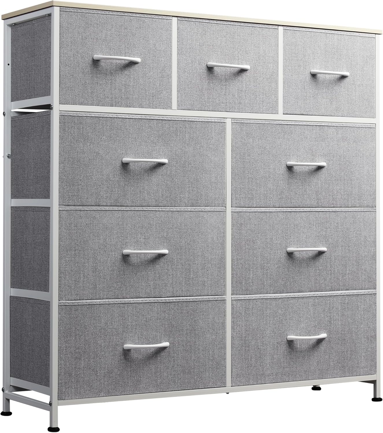 WLIVE 9-Drawer Dresser, Fabric Storage Tower for Bedroom, Hallway, Entryway, Closet, Tall Chest Organizer Unit with Fabric Bins, Steel Frame, Wood Top, Easy Pull Handle, Rustic Brown Wood Grain Print